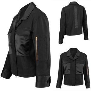 CAbi Back in Black sz S moto bomber jacket cotton sateen edgy feminine combo